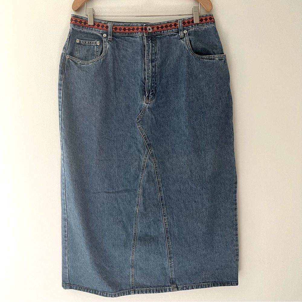 Venezia Vintage Denim Midi Skirt Western Ribbon Trim Size Large Cowboy Rodeo